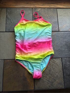 Girls Neon Rainbow One-Piece Swimsuit - Pink, Yellow, Blue